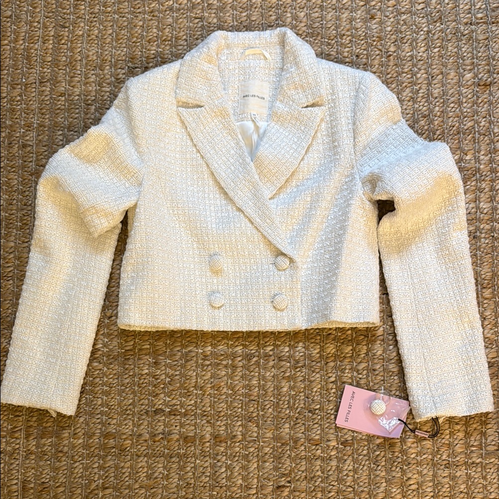 Nwt Avec Les Filles Cream Cropped Tweed Blazer Xs